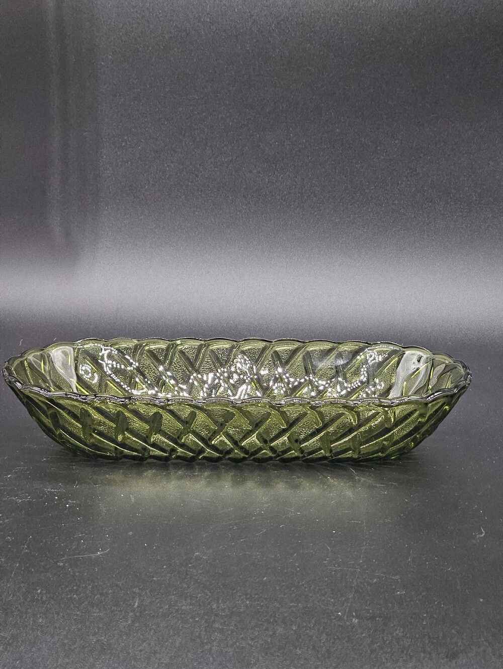 Vintage Indiana Glass Pretzel Pattern Avocado Green Oblong Celery Dish - Basket